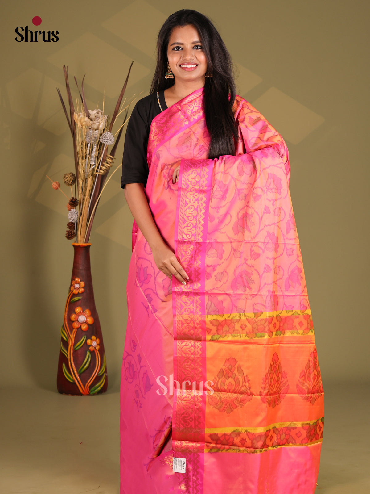 Pink & Orange - Semi Pochampally Saree - Shop on Shrus.com