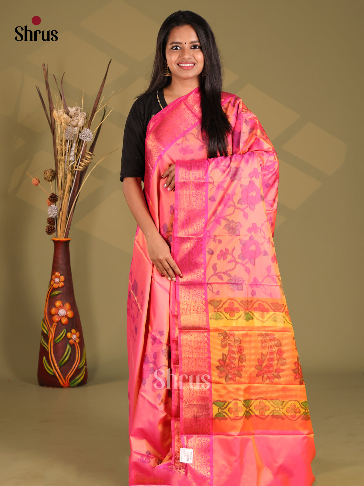 Pink & Orange - Semi Pochampally Saree - Shop on Shrus.com