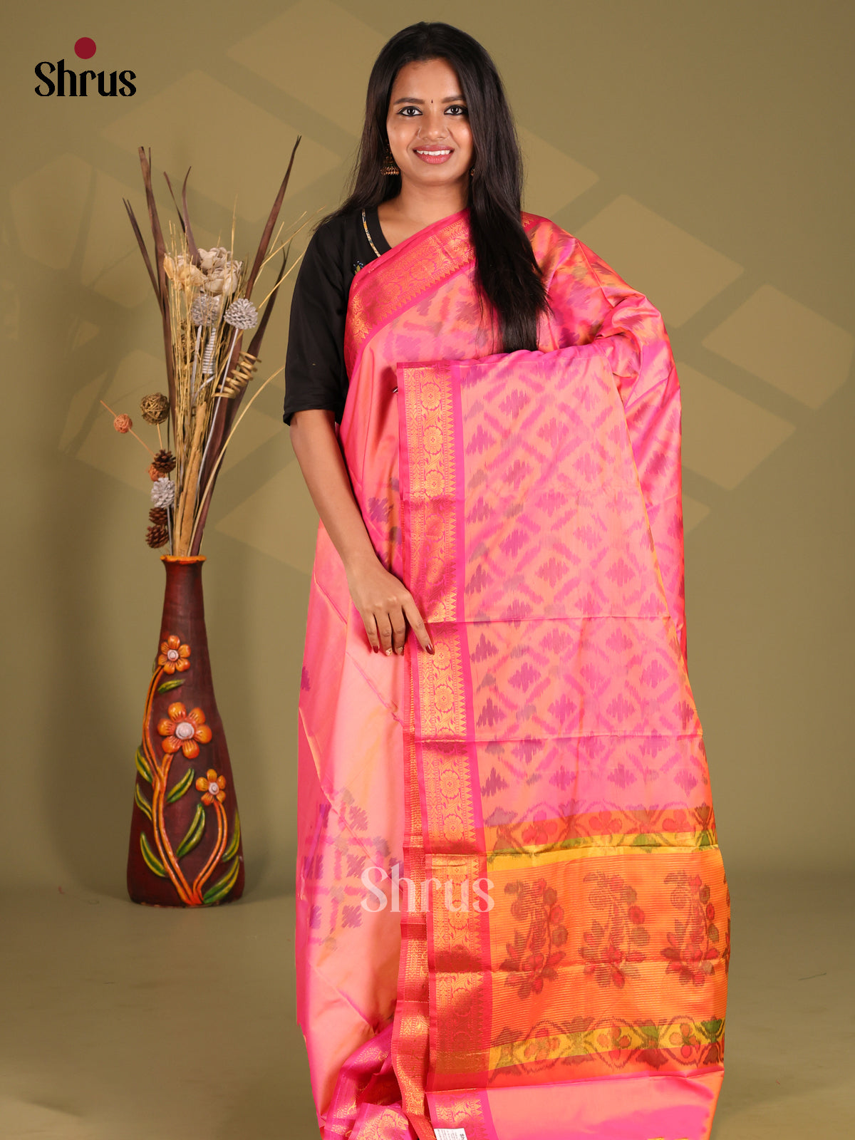 Pink & Orange - Semi Pochampally Saree - Shop on Shrus.com