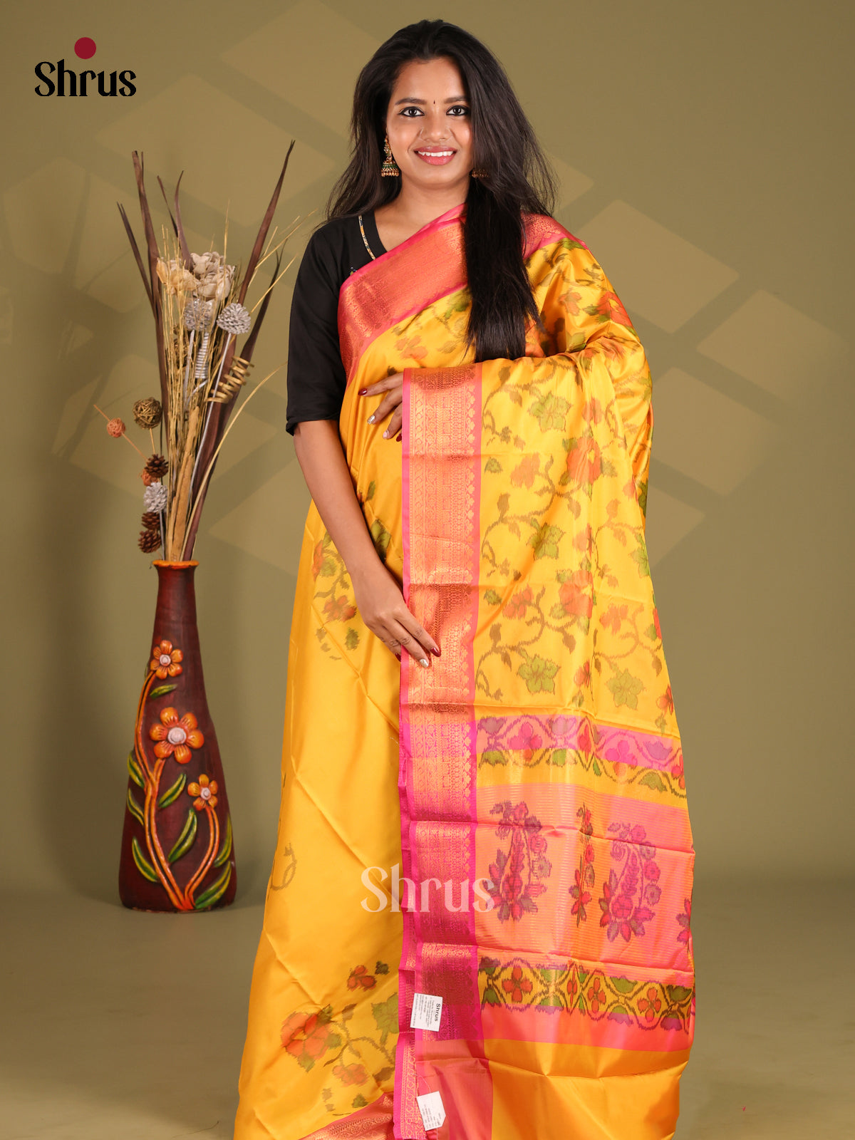 Yellow & Pink - Semi Pochampally Saree - Shop on Shrus.com