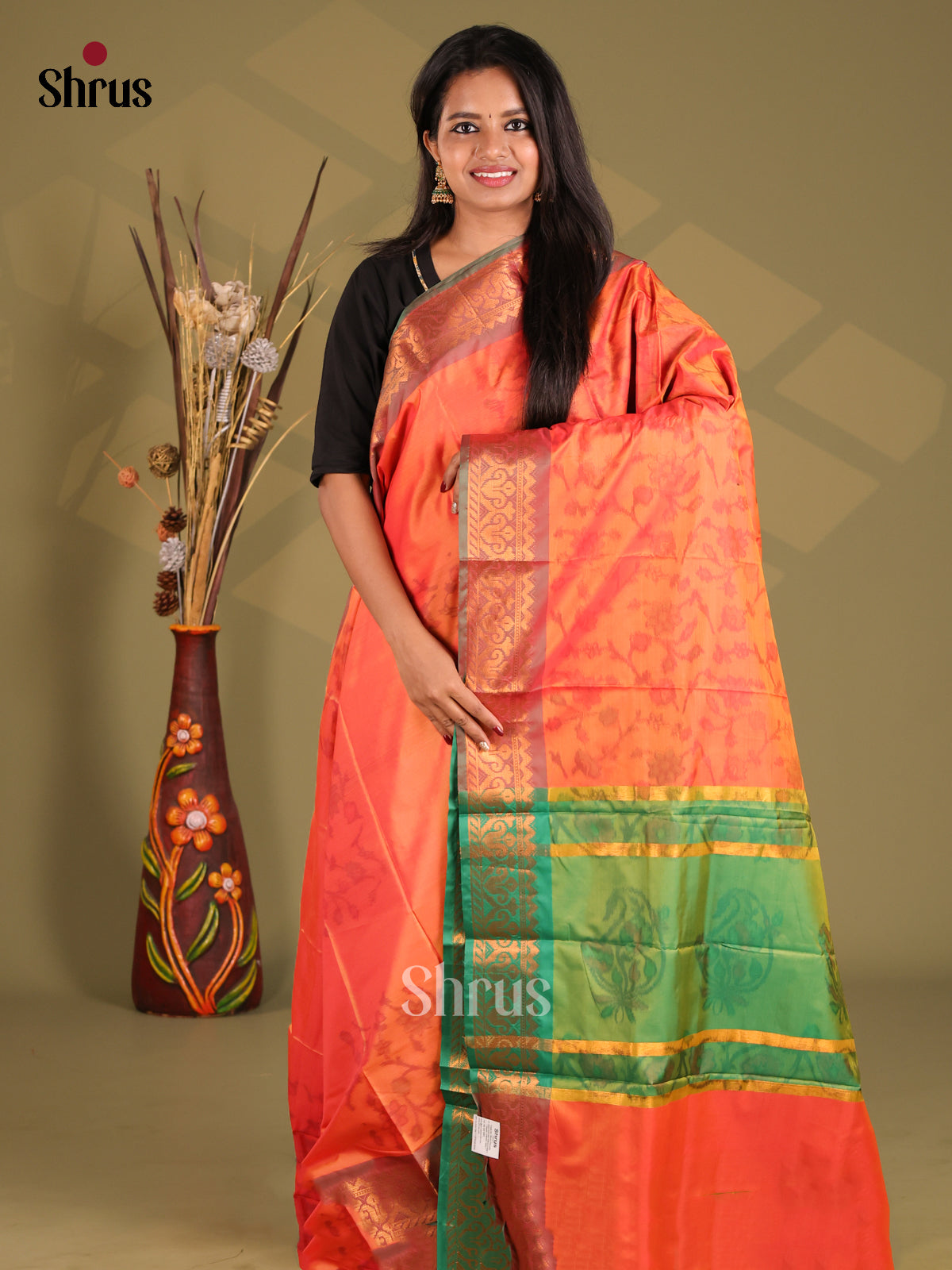 Orange & Green - Semi Pochampally Saree - Shop on Shrus.com