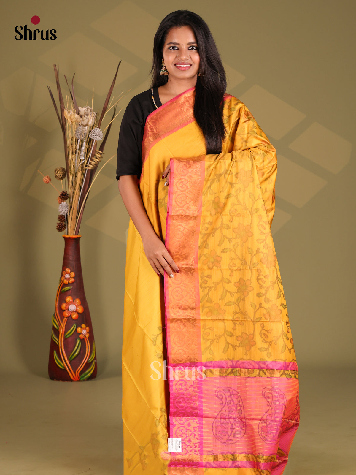Yellow & Pink - Semi Pochampally Saree - Shop on Shrus.com
