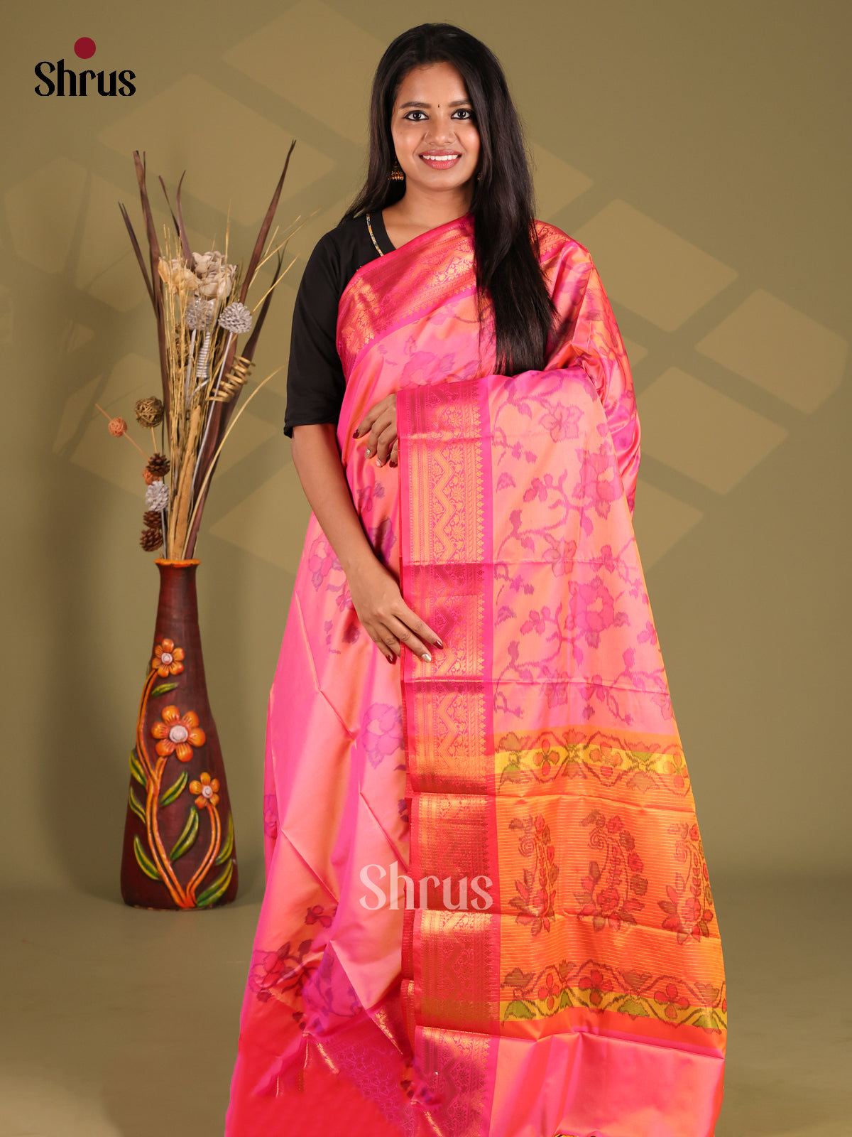 Pink & Orange - Semi Pochampally Saree - Shop on Shrus.com