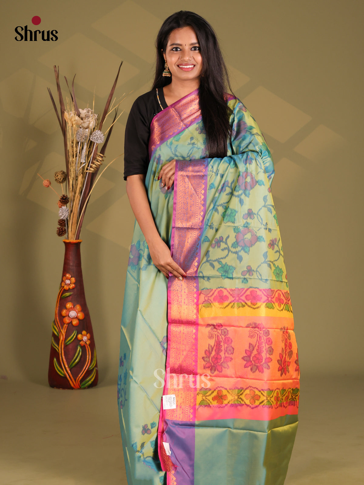 Green & Orange- Semi Pochampally Saree - Shop on Shrus.com