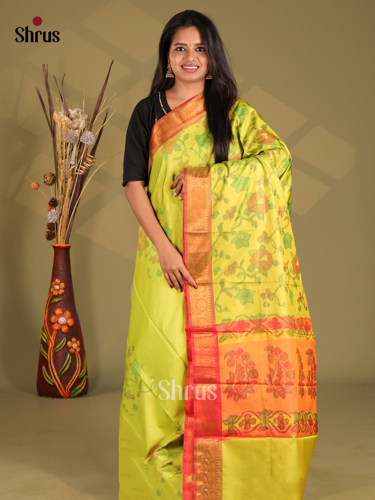 Green & Orange - Semi Pochampally Saree - Shop on Shrus.com