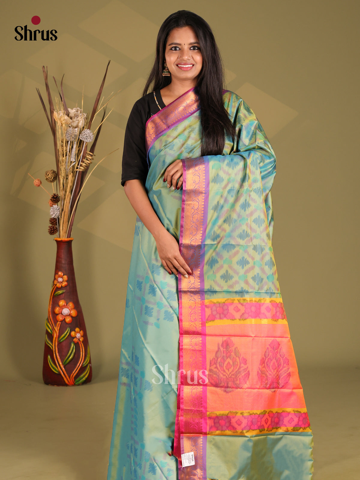 Green & Purple - Semi Pochampally Saree - Shop on Shrus.com
