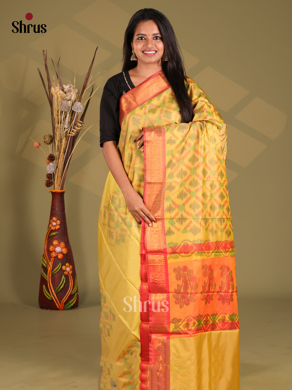 Yellow & Orange - Semi Pochampally Saree - Shop on Shrus.com