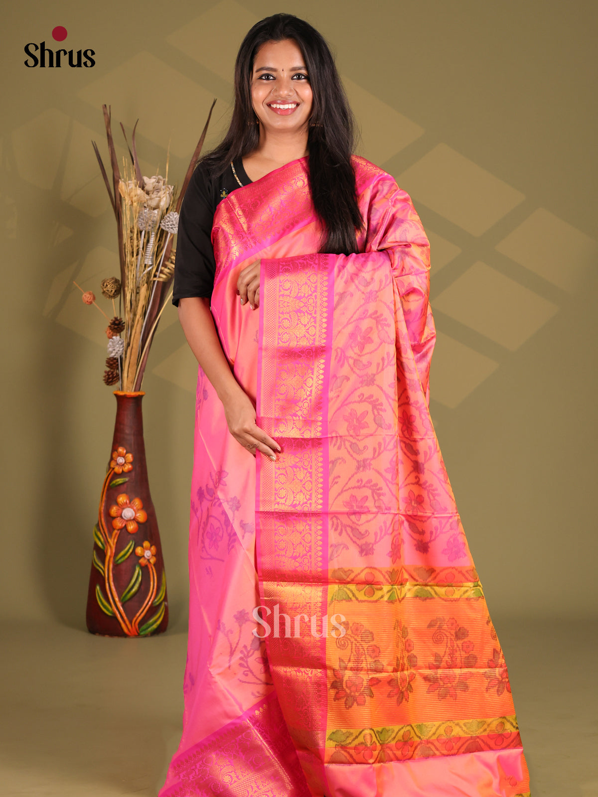 Pink & Orange - Semi Pochampally Saree - Shop on Shrus.com