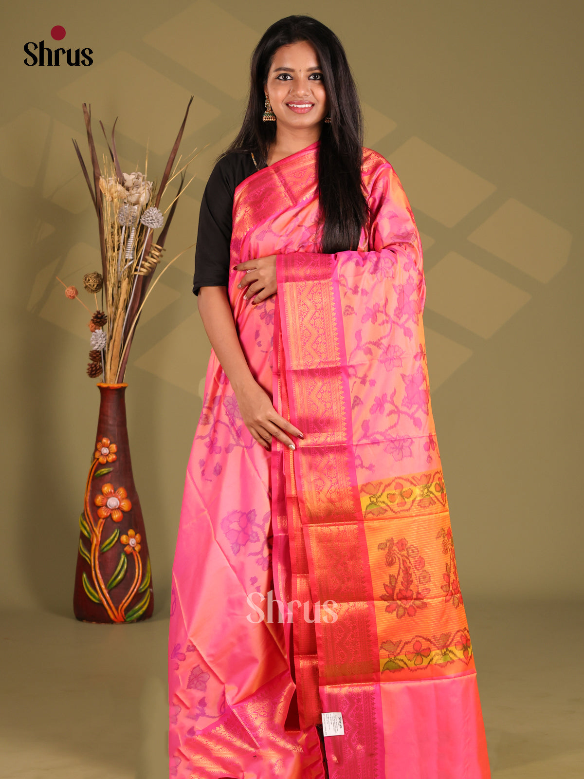 Pink & Orange - Semi Pochampally Saree - Shop on Shrus.com