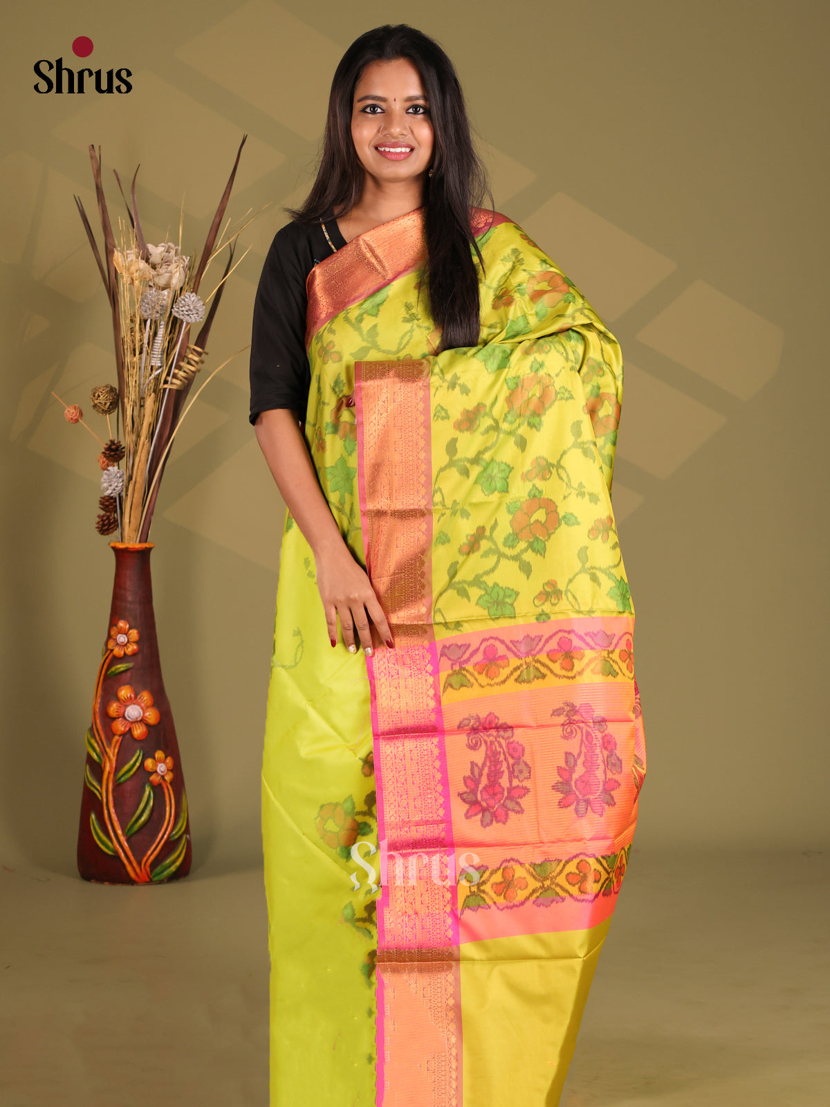 Lime Green & Pink- Semi Pochampally Saree - Shop on Shrus.com