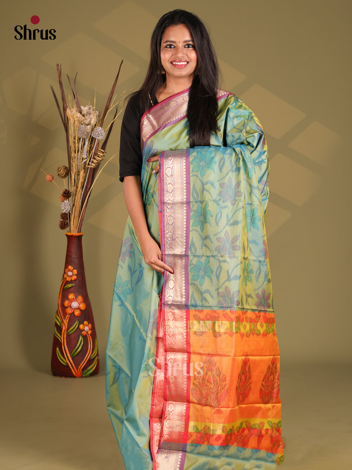 Green & Orange- Semi Pochampally Saree - Shop on Shrus.com