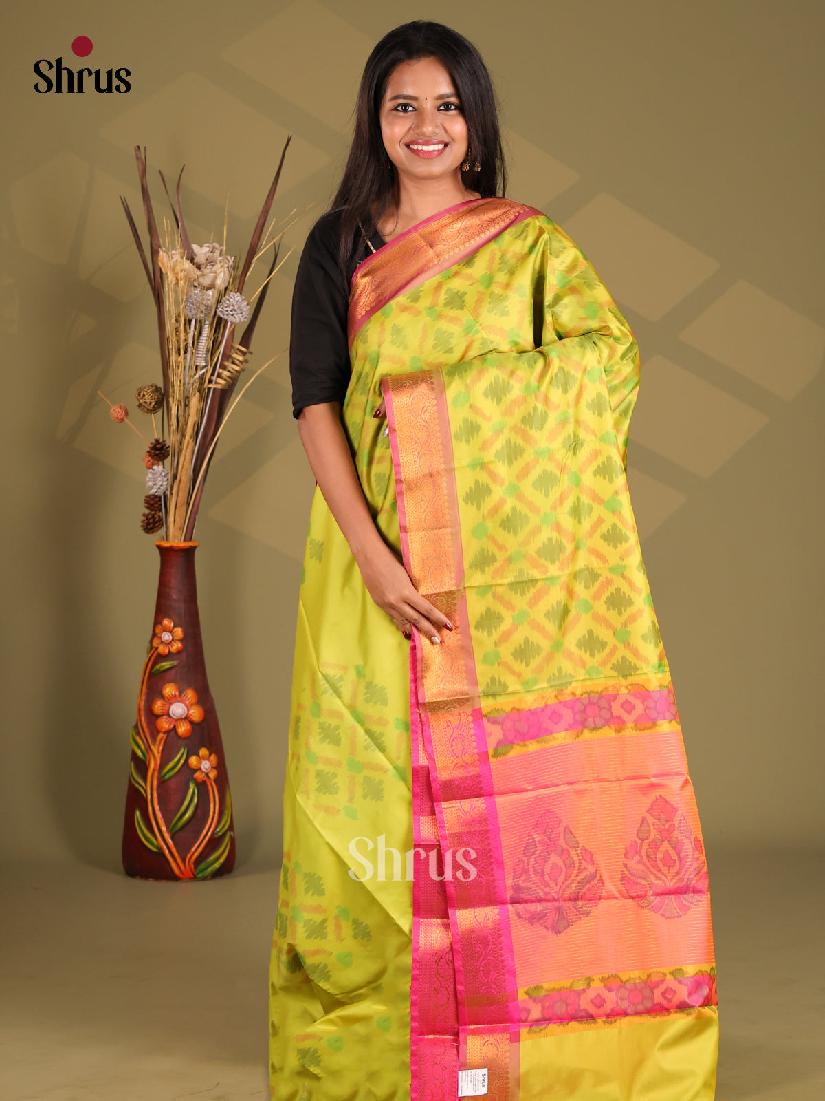 Yellow & Pink - Semi Pochampally Saree - Shop on Shrus.com