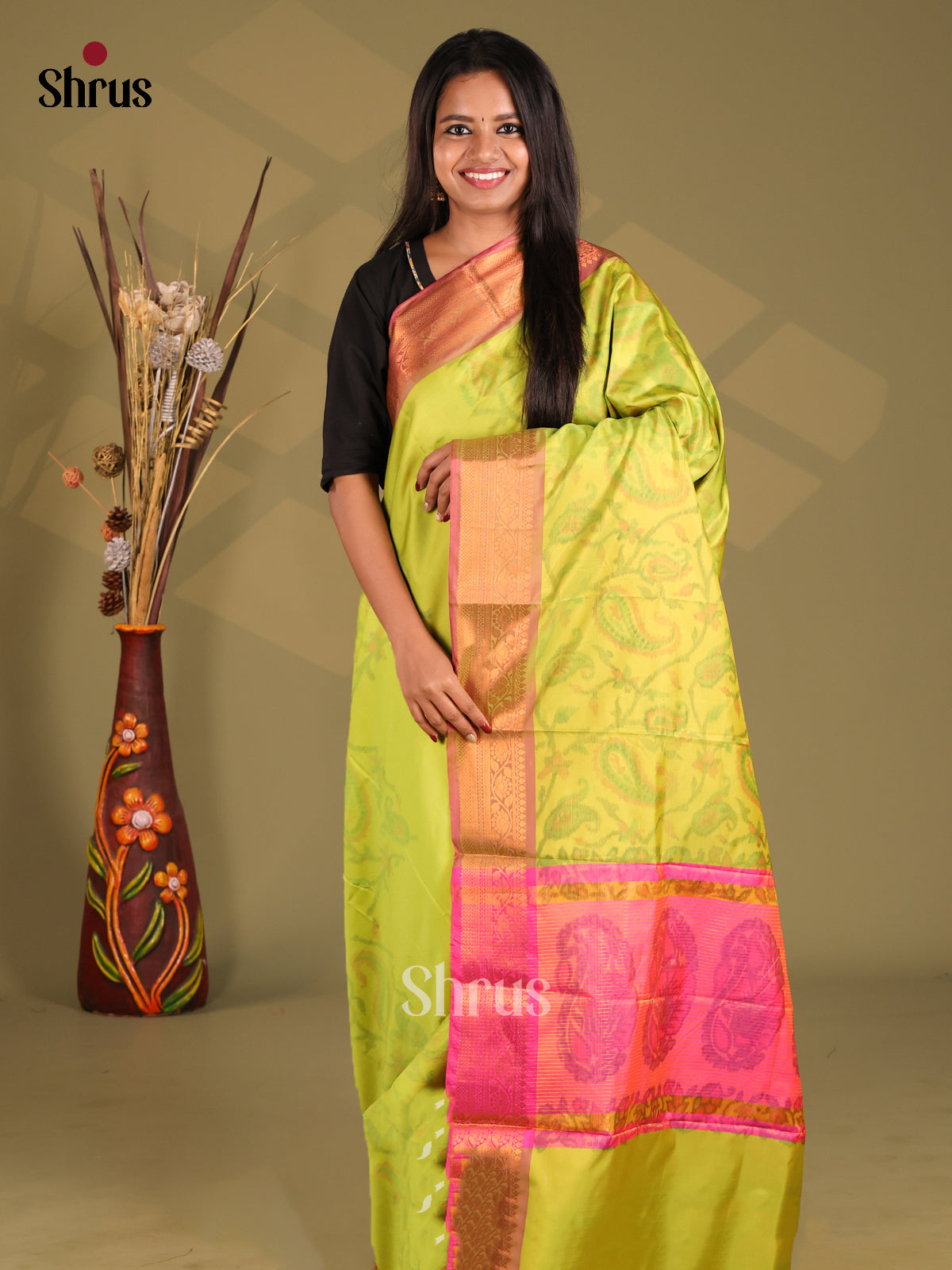 Lime Green & Pink- Semi Pochampally Saree - Shop on Shrus.com
