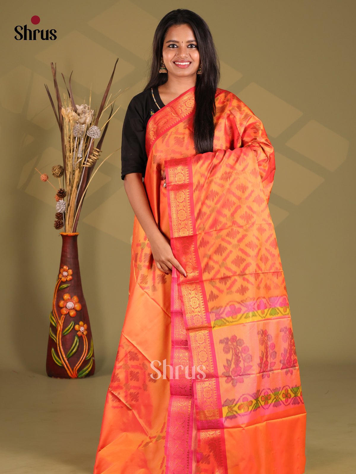 Orange & Pink - Semi Pochampally Saree - Shop on Shrus.com