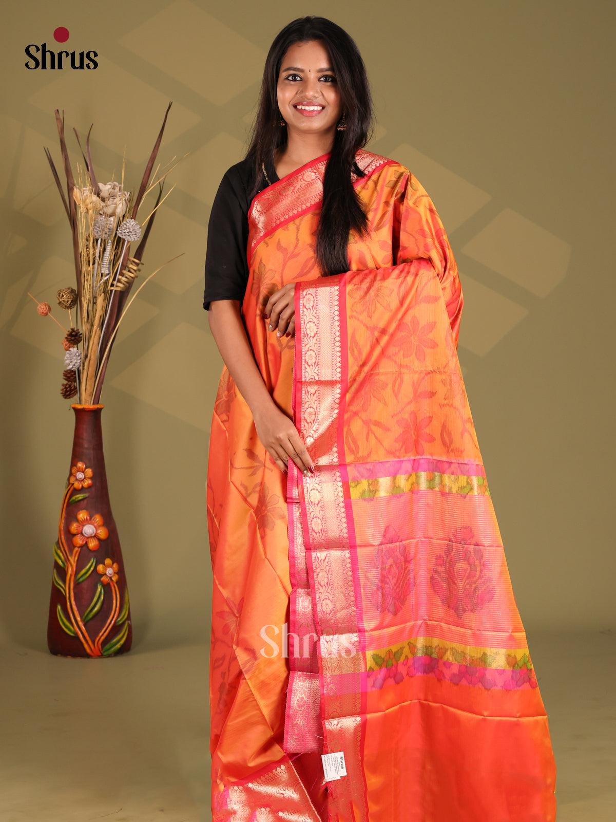 Orange & Pink- Semi Pochampally Saree - Shop on Shrus.com