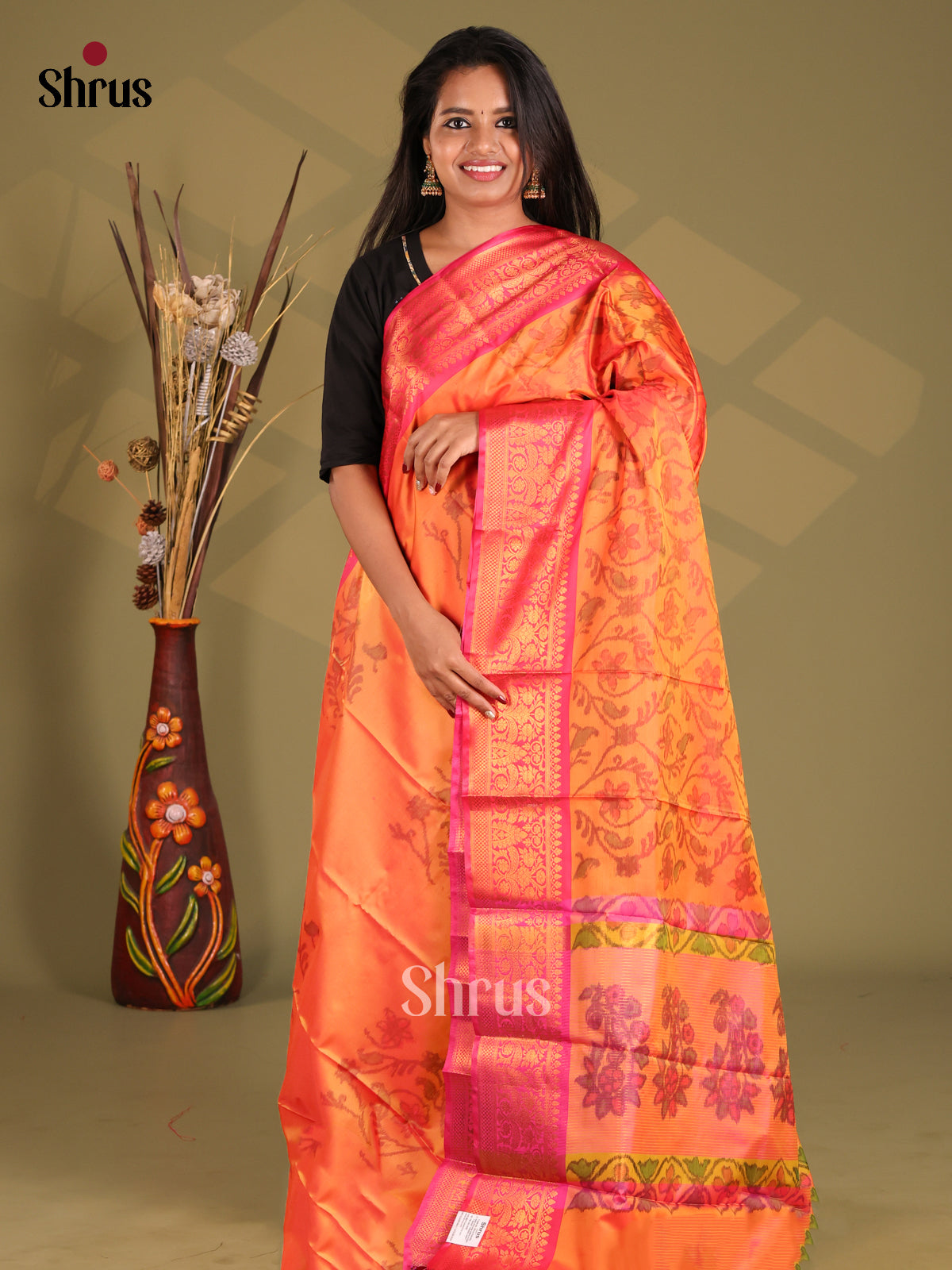 Orange & Pink - Semi Pochampally Saree - Shop on Shrus.com