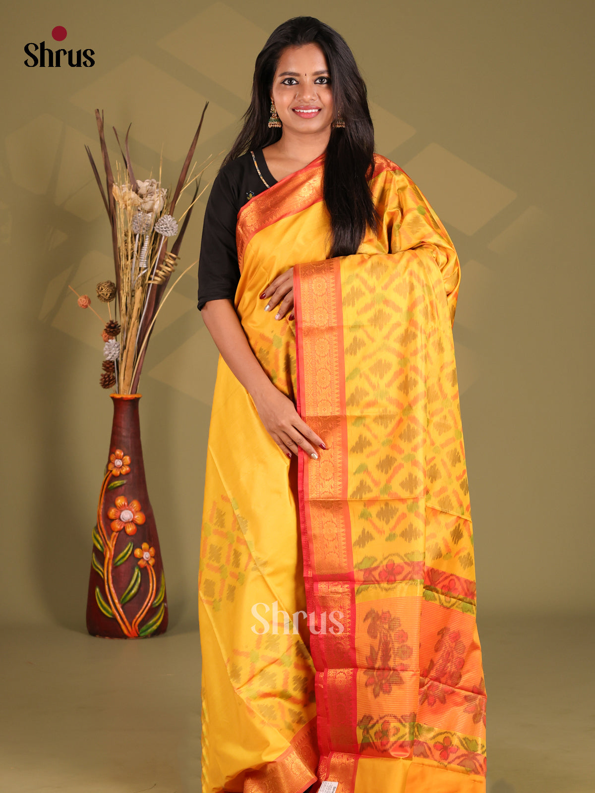 Yellow & Orange - Semi Pochampally Saree - Shop on Shrus.com