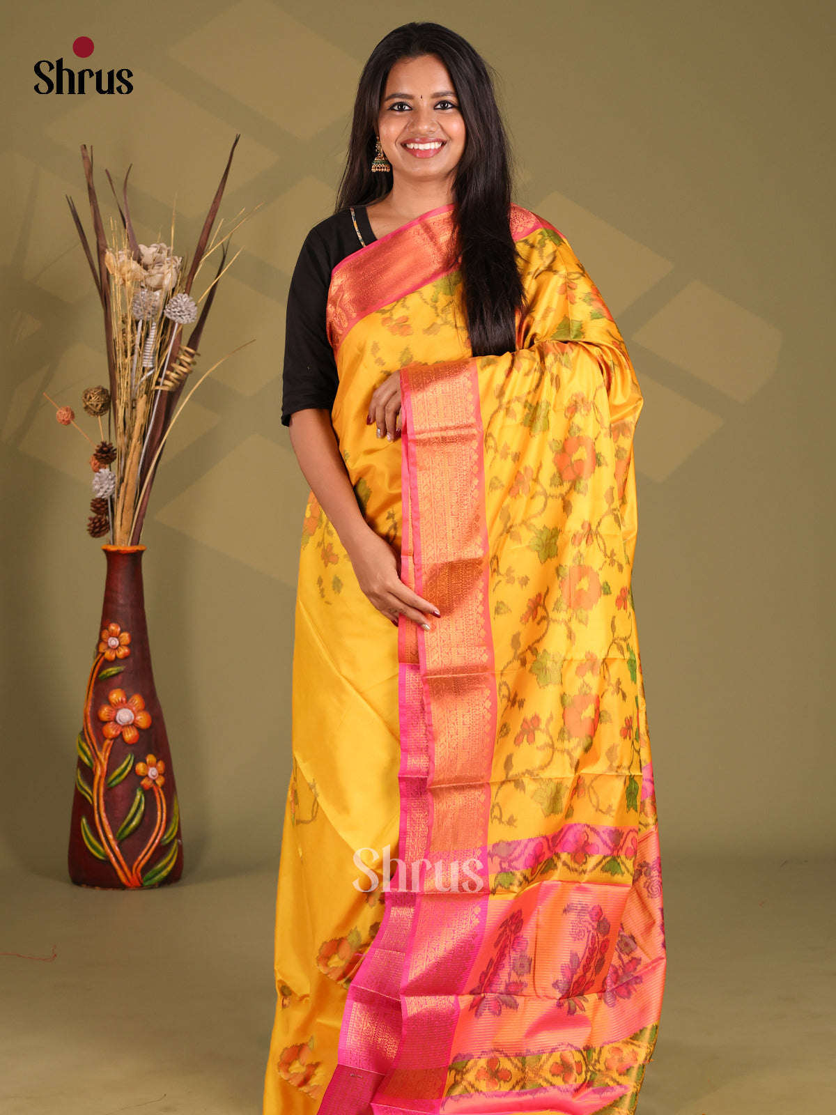 Yellow & Pink- Semi Pochampally Saree - Shop on Shrus.com