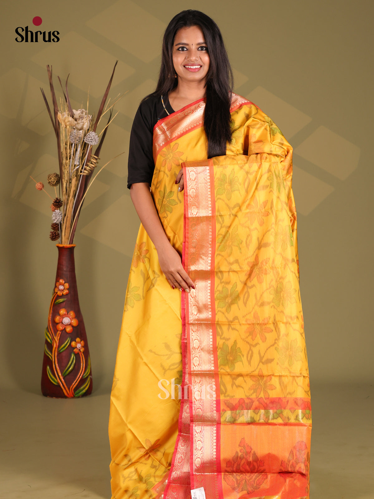 Yellow & Orange- Semi Pochampally Saree - Shop on Shrus.com