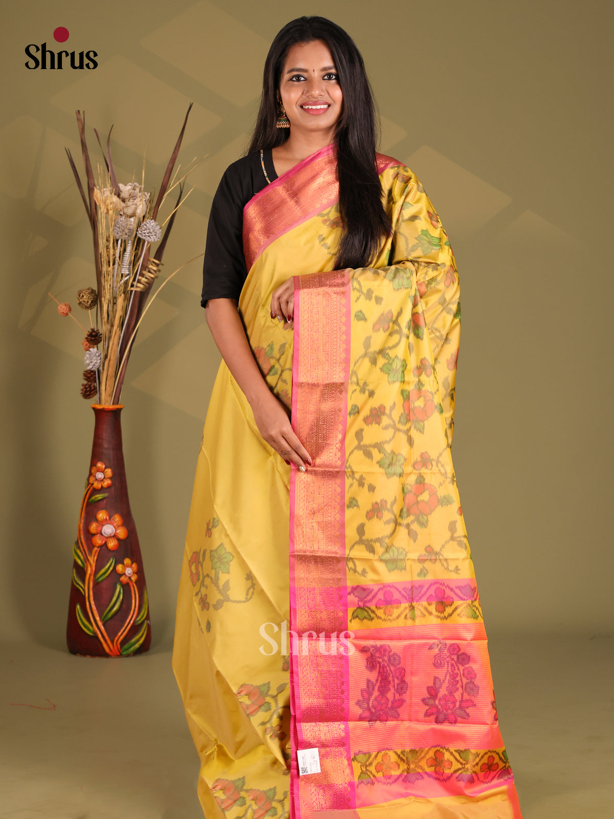 Yellow & Pink - Semi Pochampally Saree - Shop on Shrus.com
