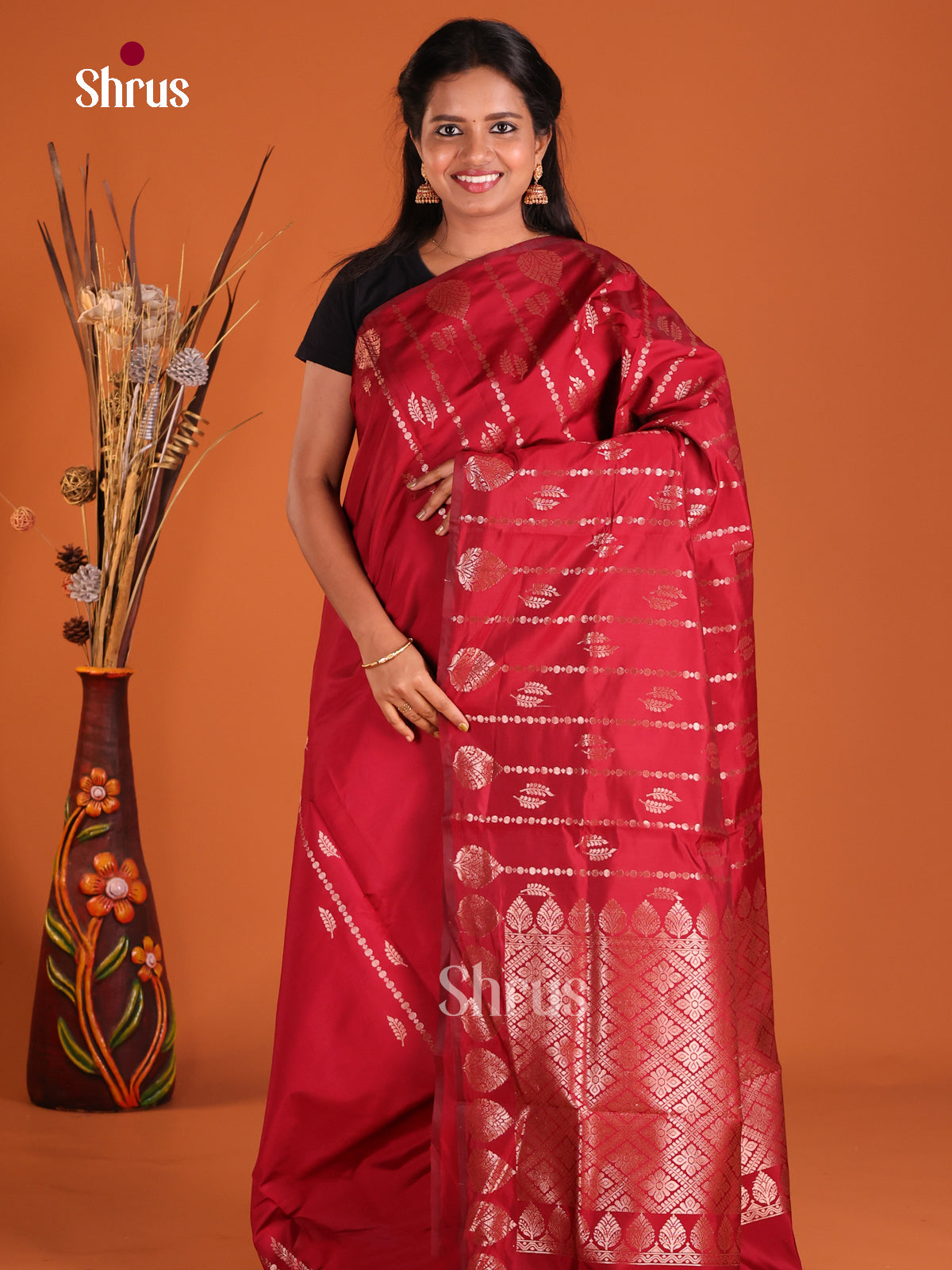 Maroon - Semi Softsilk Saree - Shop on Shrus.com