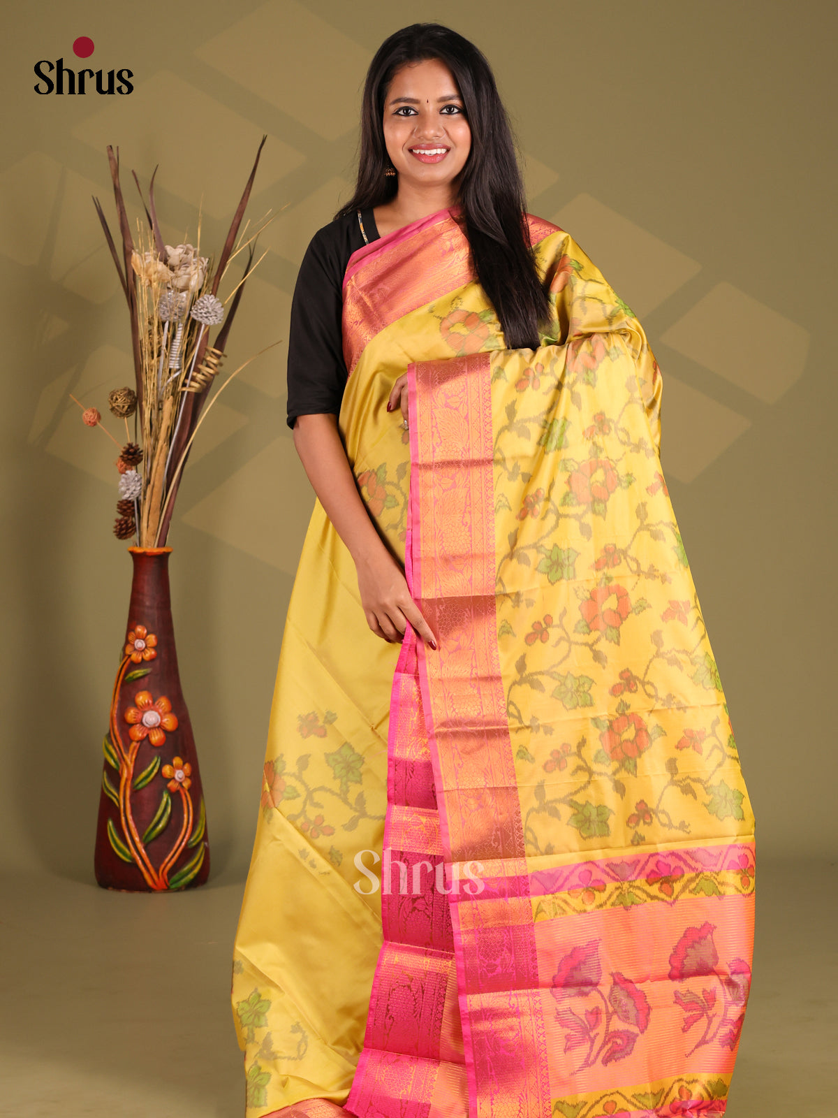 Yellow & Pink- Semi Pochampally Saree - Shop on Shrus.com