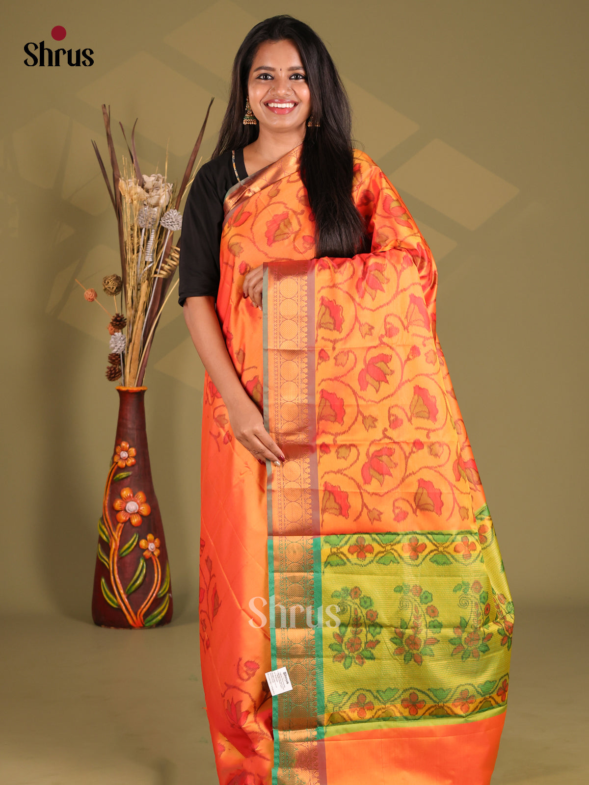 Orange & Green - Semi Pochampally Saree - Shop on Shrus.com