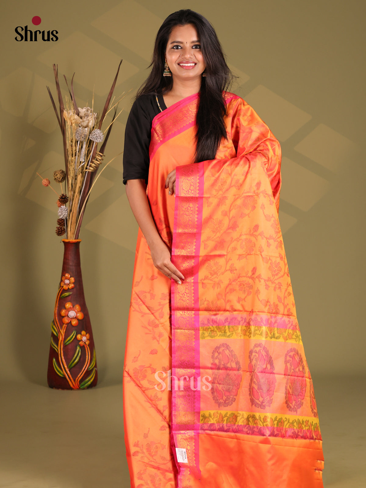 Orange & Pink - Semi Pochampally Saree - Shop on Shrus.com