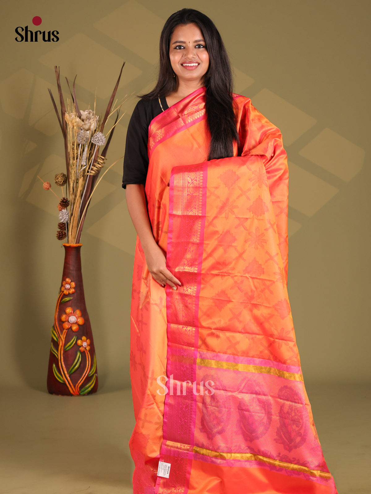 Orange & Pink- Semi Pochampally Saree - Shop on Shrus.com