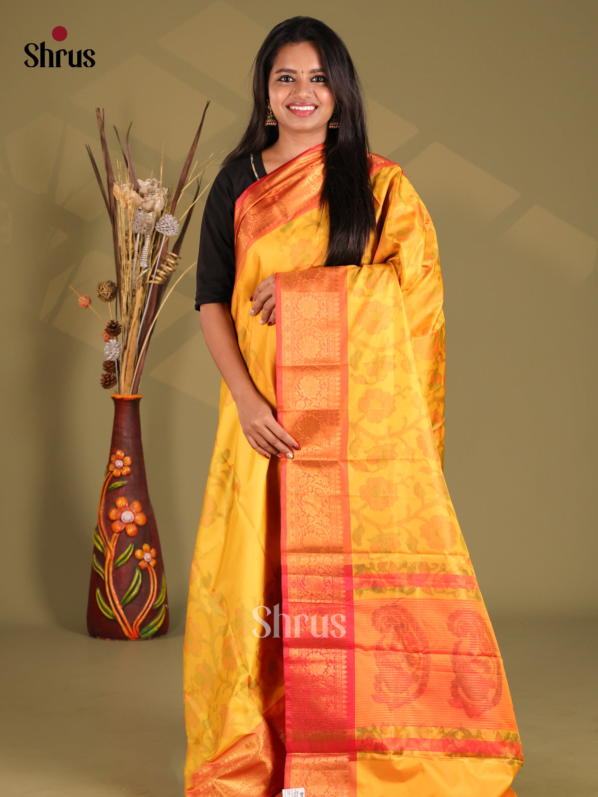 Yellow & Orange - Semi Pochampally Saree - Shop on Shrus.com