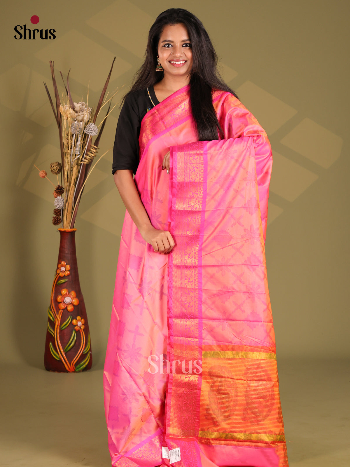 Pink & Orange - Semi Pochampally Saree - Shop on Shrus.com