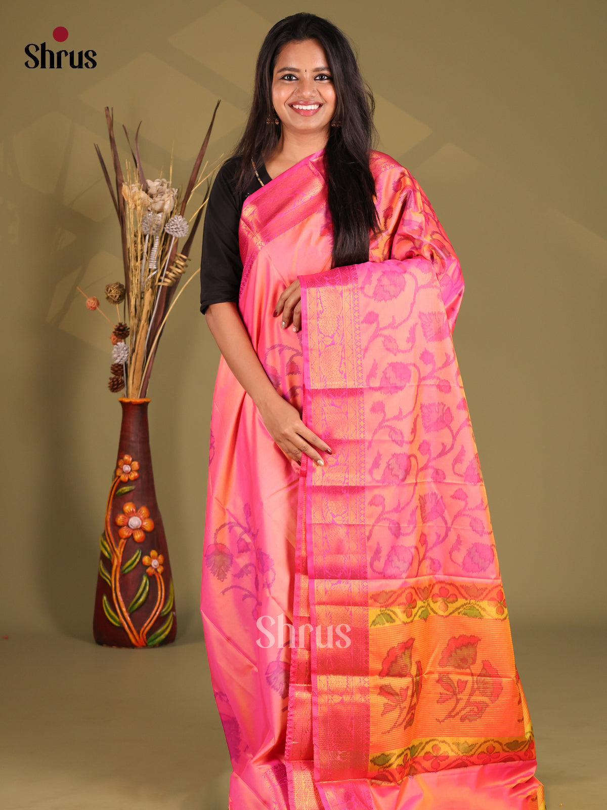 Pink & Orange - Semi Pochampally Saree - Shop on Shrus.com