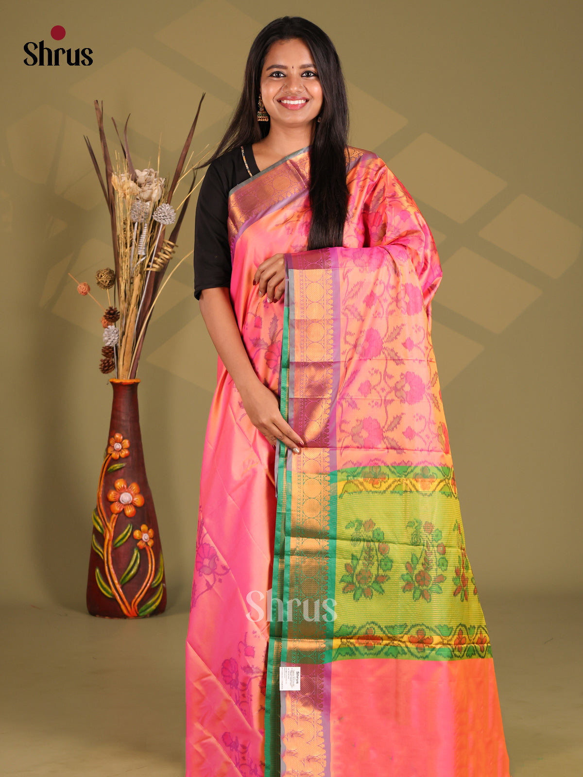Pink & Green - Semi Pochampally Saree - Shop on Shrus.com