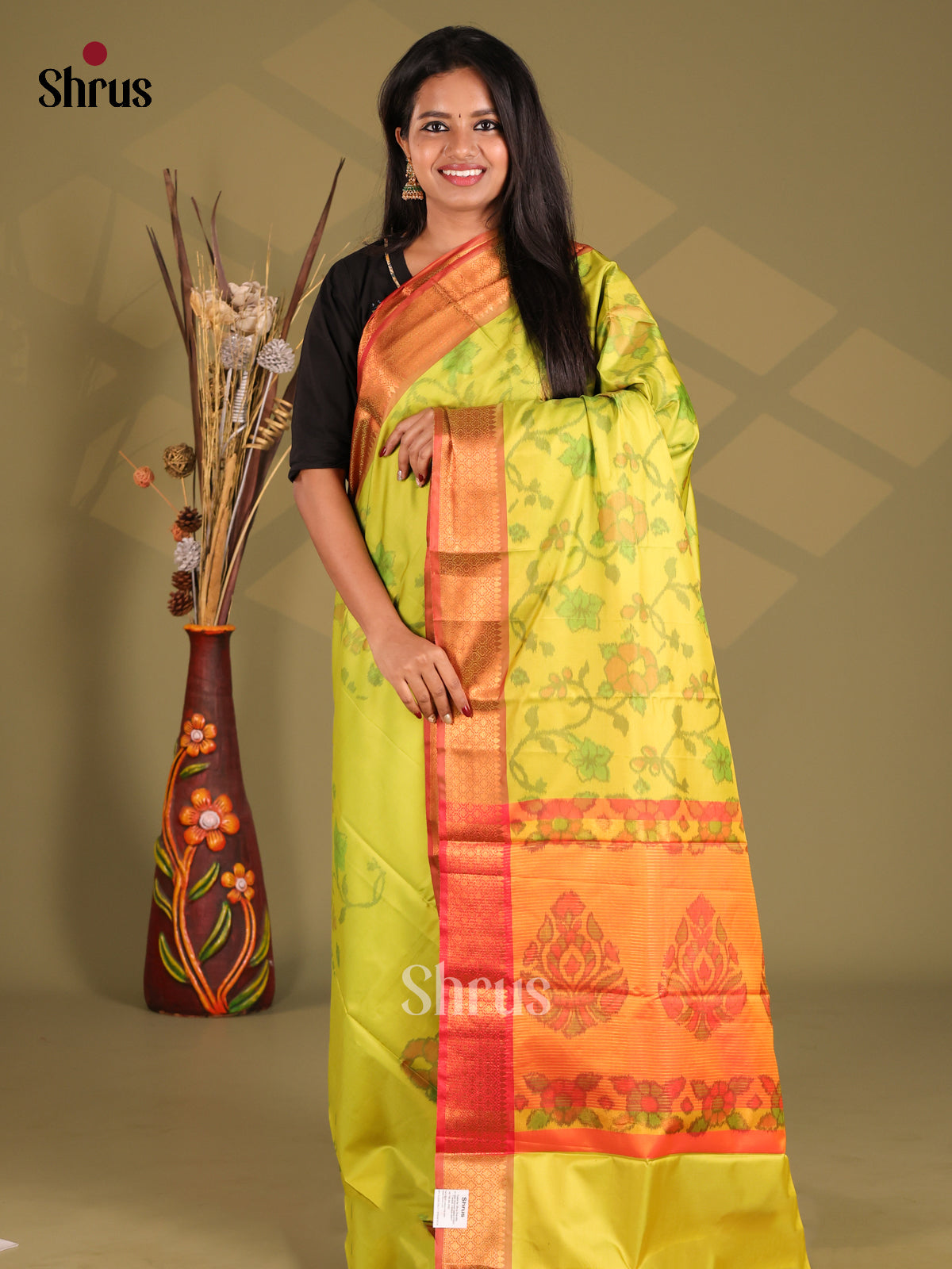 Yellow & Orange- Semi Pochampally Saree - Shop on Shrus.com