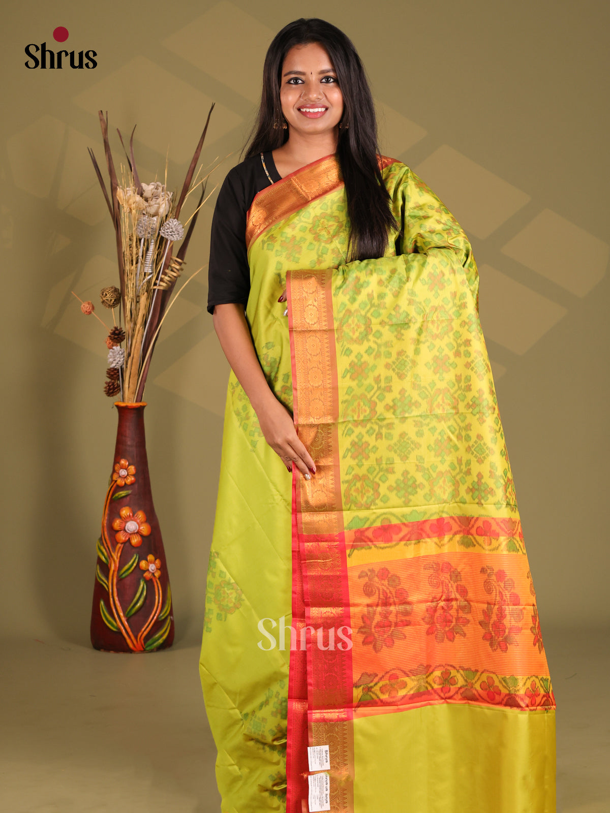 Lime Green & Orange - Semi Pochampally Saree - Shop on Shrus.com