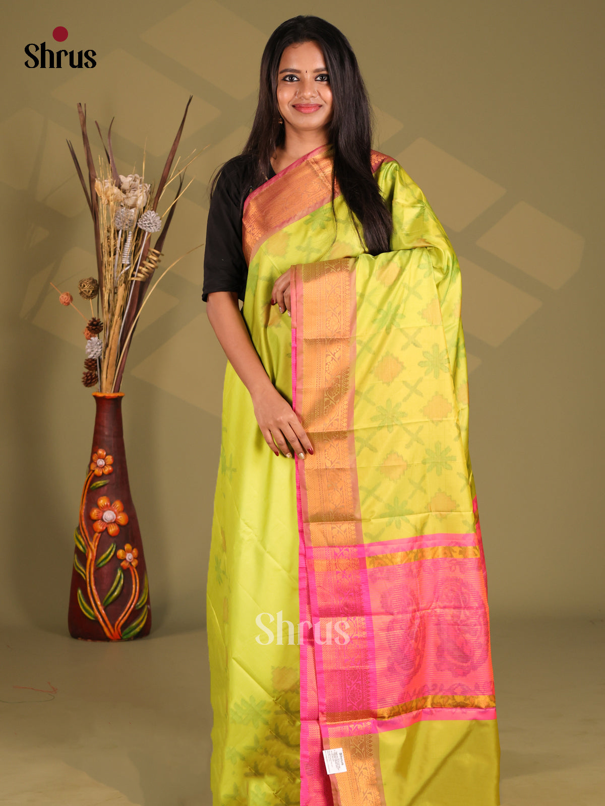Lime Green & Pink - Semi Pochampally Saree - Shop on Shrus.com