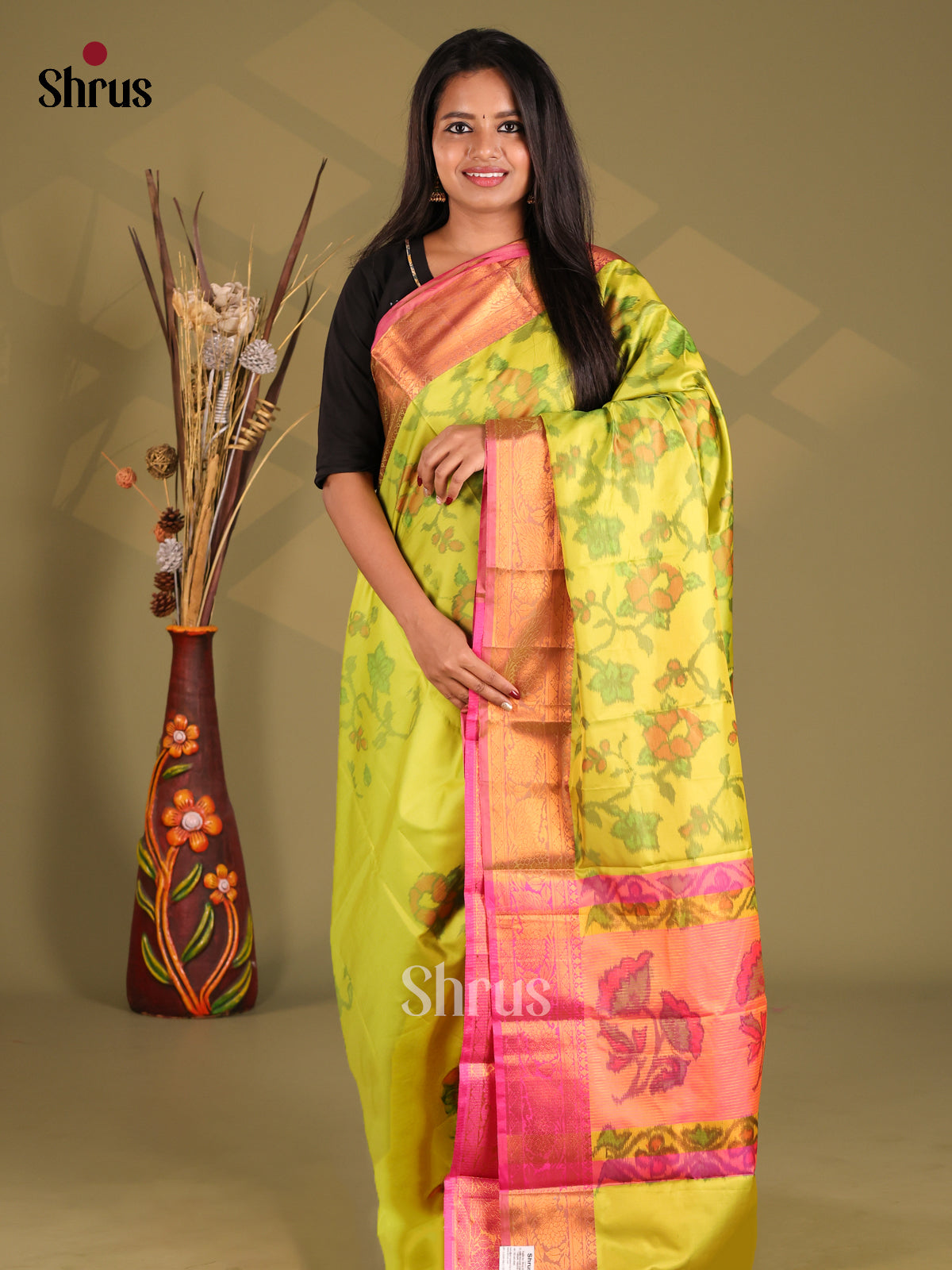 Lime Green & Pink - Semi Pochampally Saree - Shop on Shrus.com