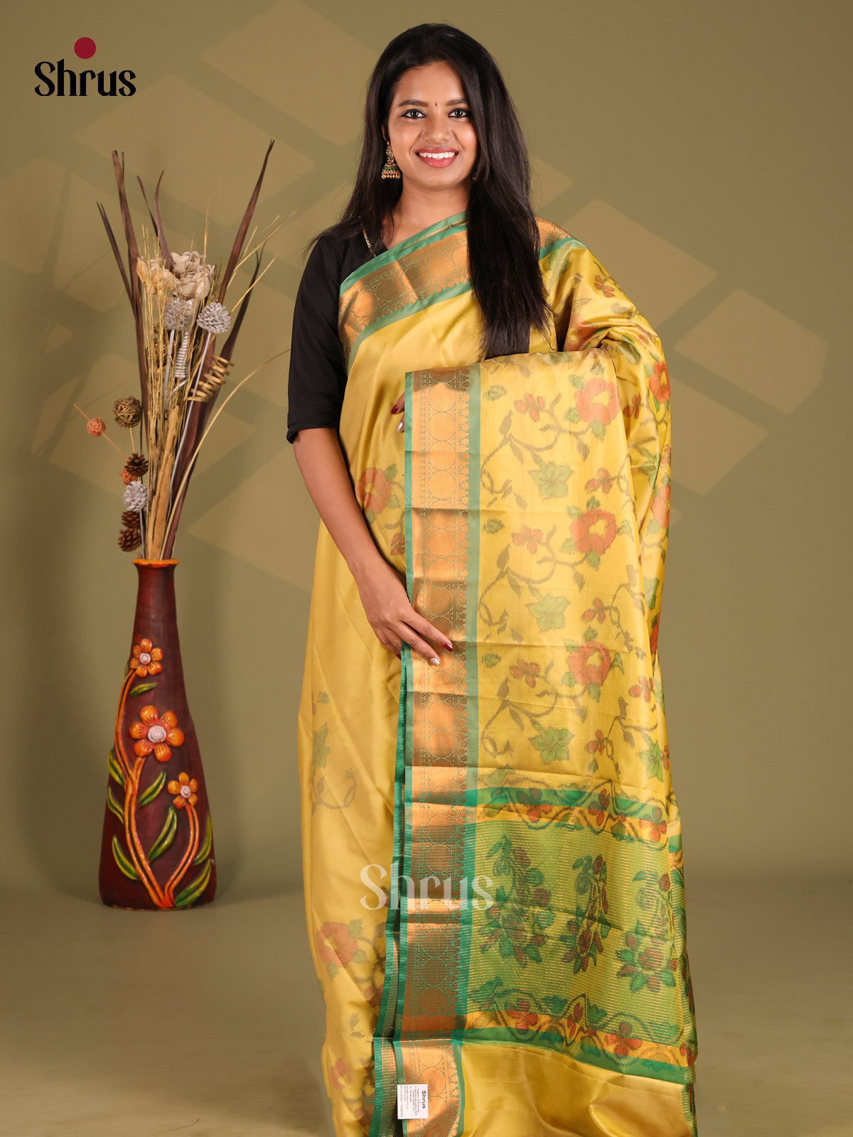 Yellow & Green - Semi Pochampally Saree - Shop on Shrus.com