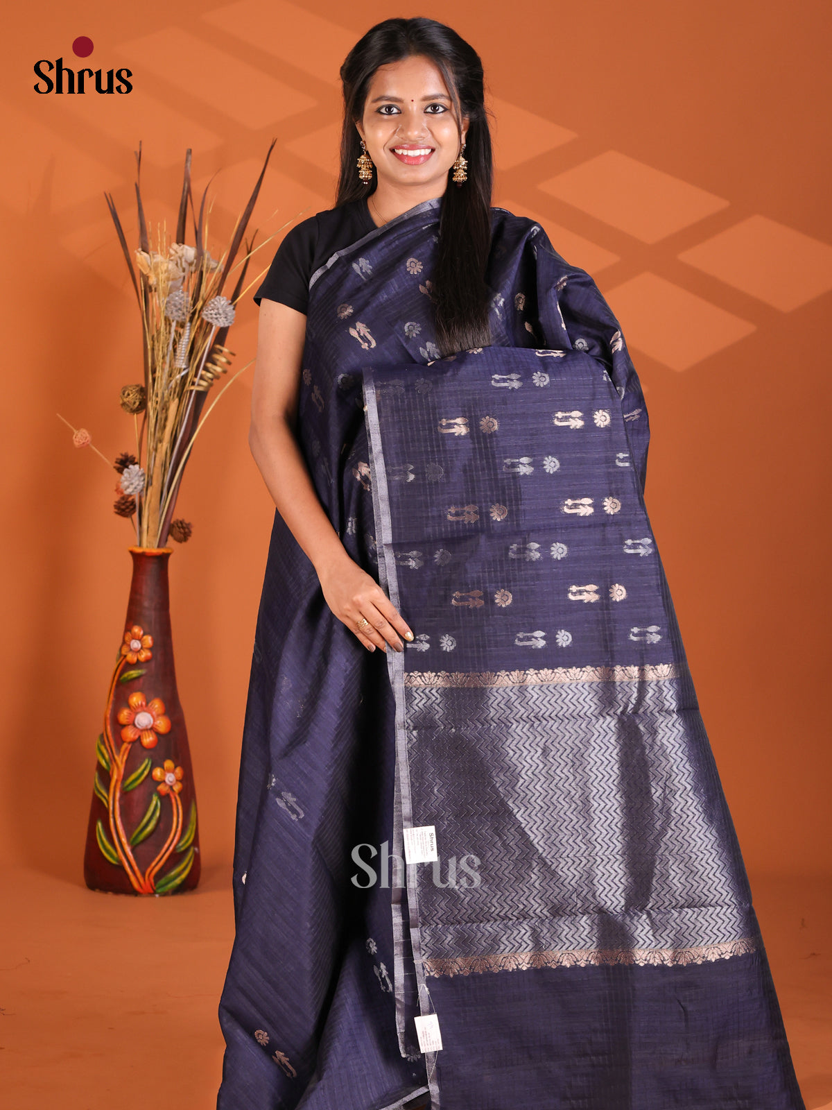 Navy Blue - Semi Rawsilk Saree - Shop on Shrus.com