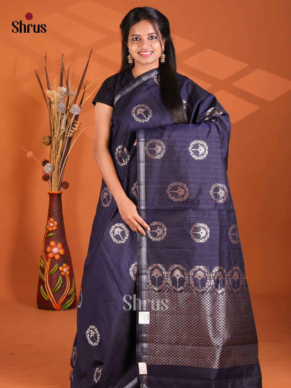 Navy Blue - Semi Rawsilk Saree - Shop on Shrus.com