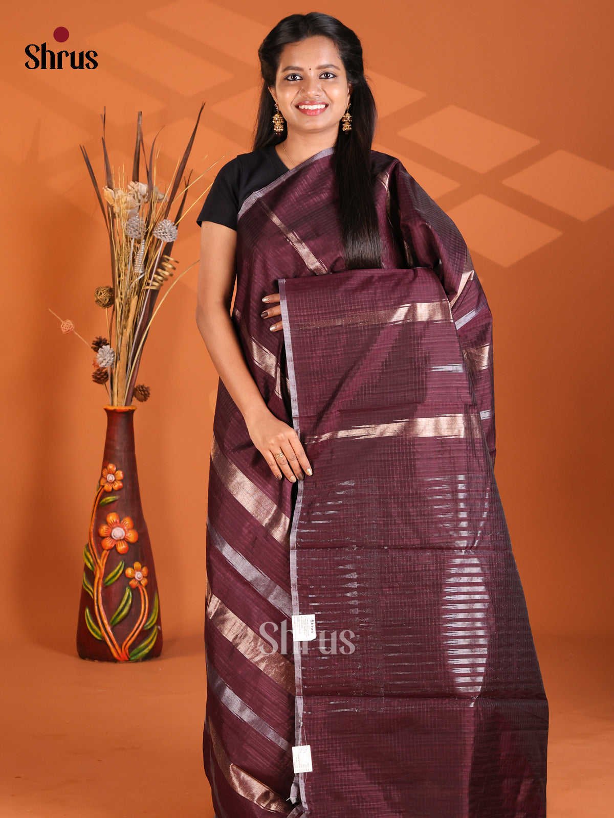 Maroon- Semi Rawsilk Saree - Shop on Shrus.com