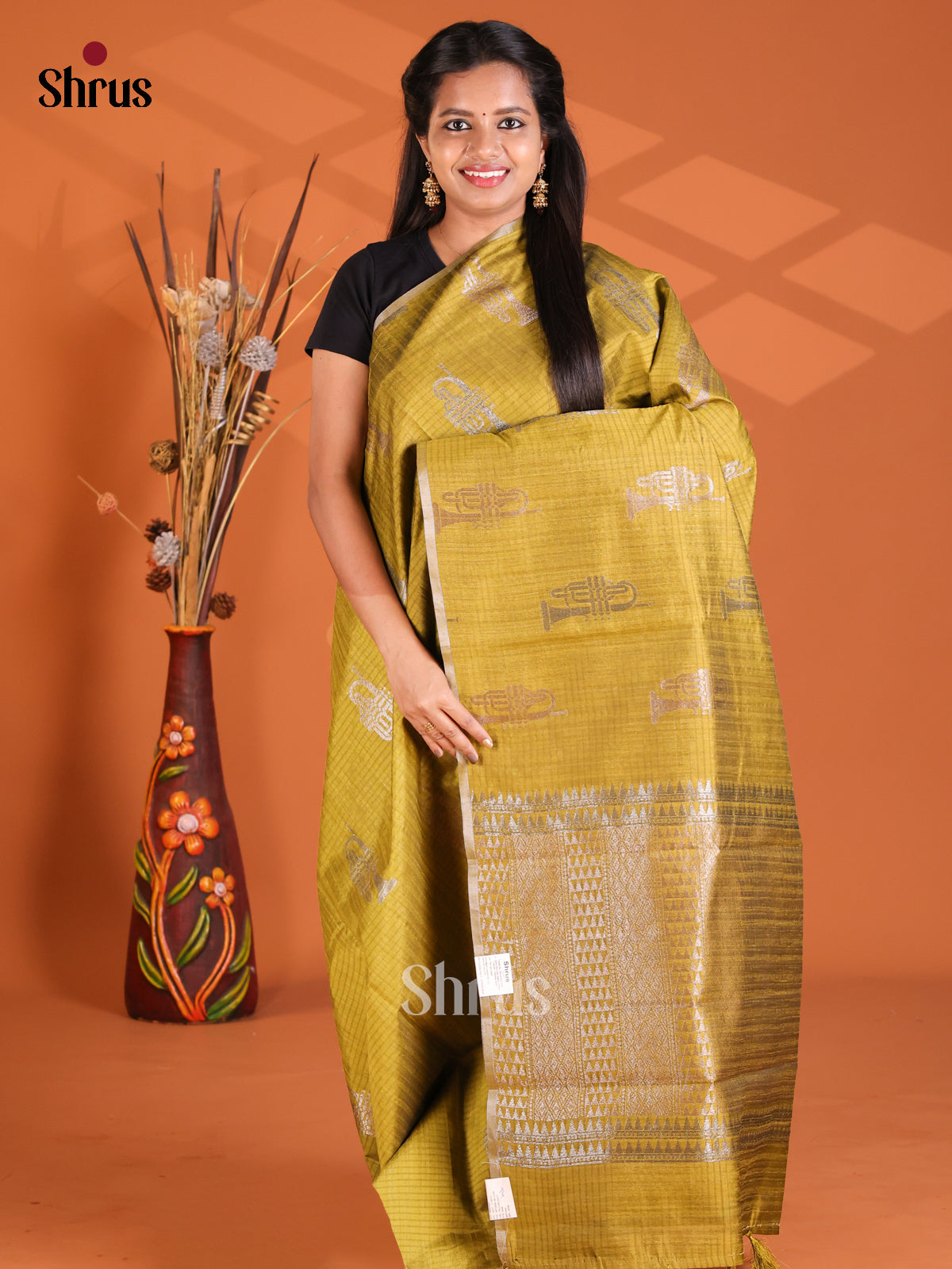 Mustardy Green - Semi Rawsilk Saree - Shop on Shrus.com