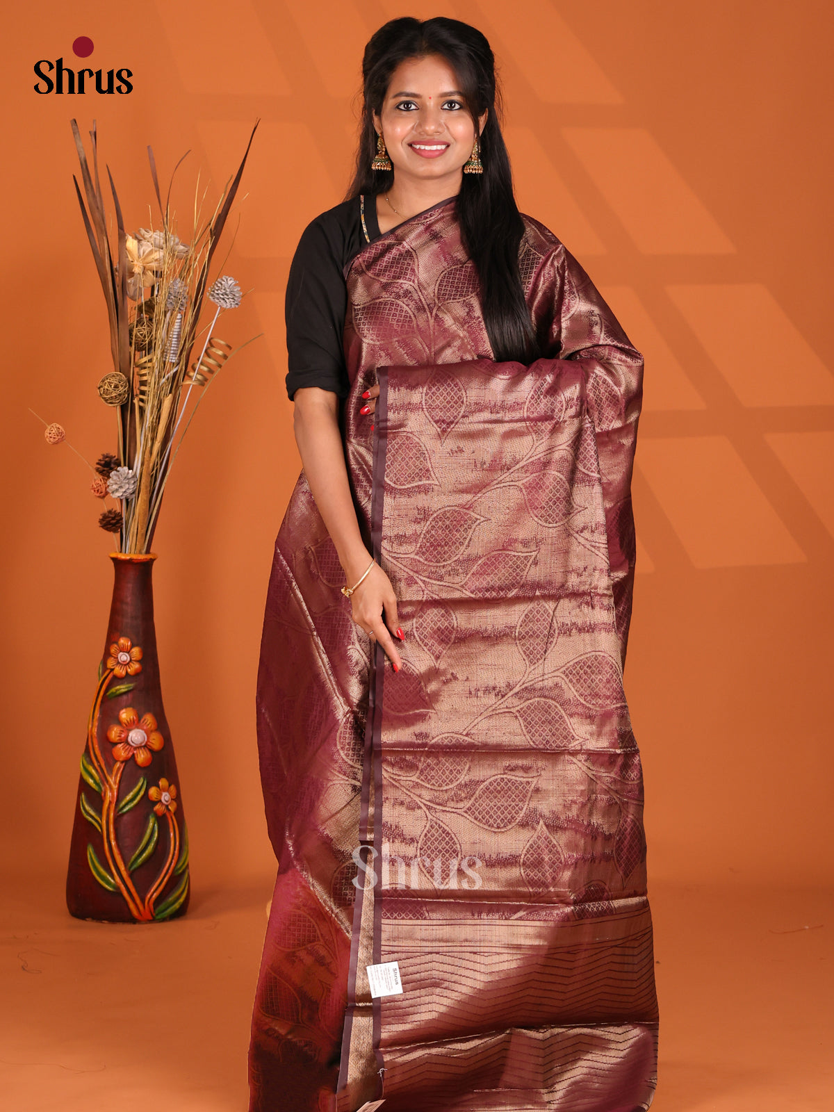 Maroon - Semi Jute Saree - Shop on Shrus.com