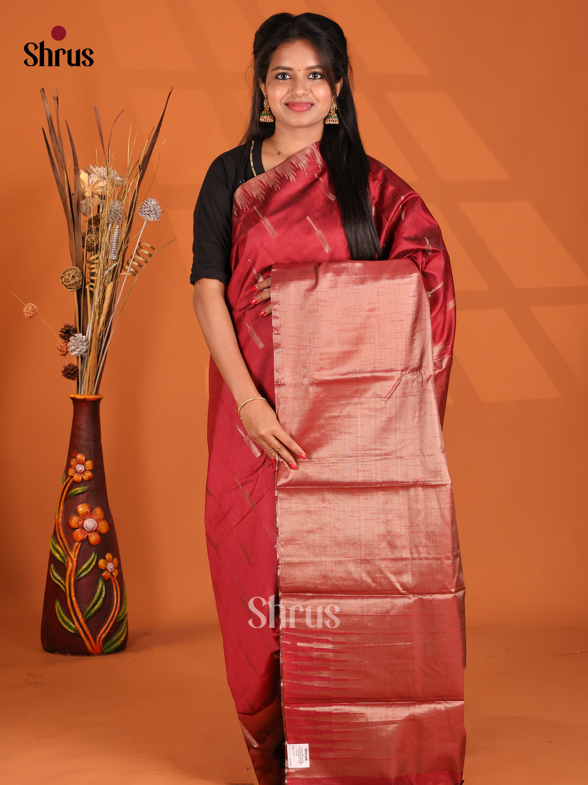 Red - Semi Jute Saree - Shop on Shrus.com