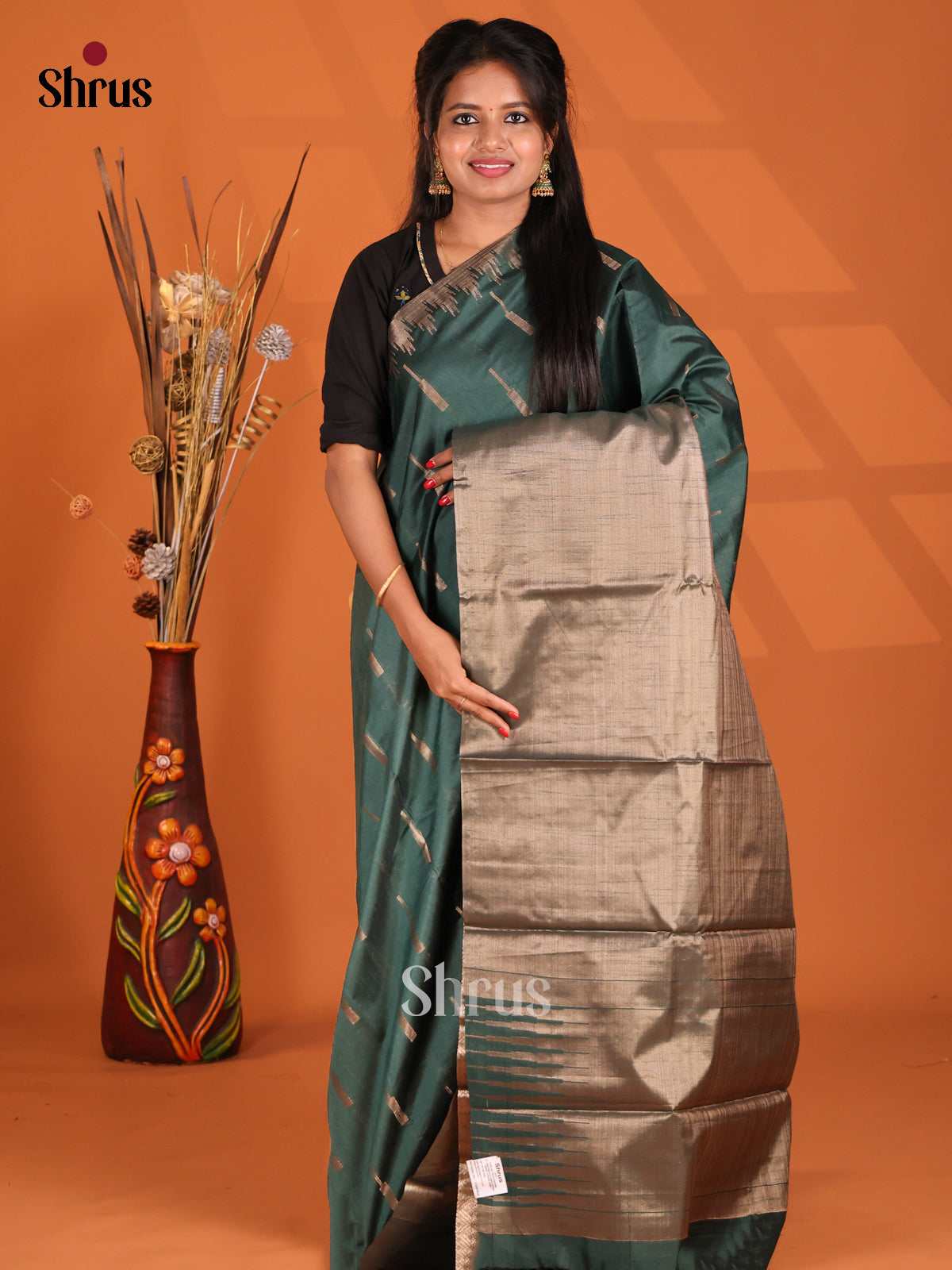 Green - Semi Jute Saree - Shop on Shrus.com