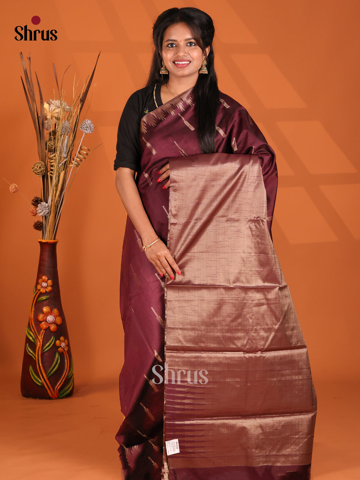 Maroon - Semi Jute Saree - Shop on Shrus.com