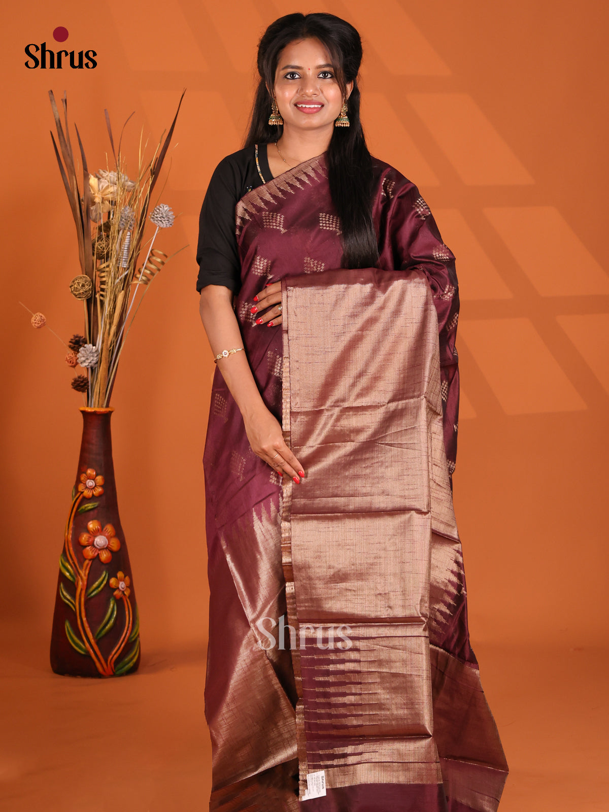Maroon - Semi Jute Saree - Shop on Shrus.com