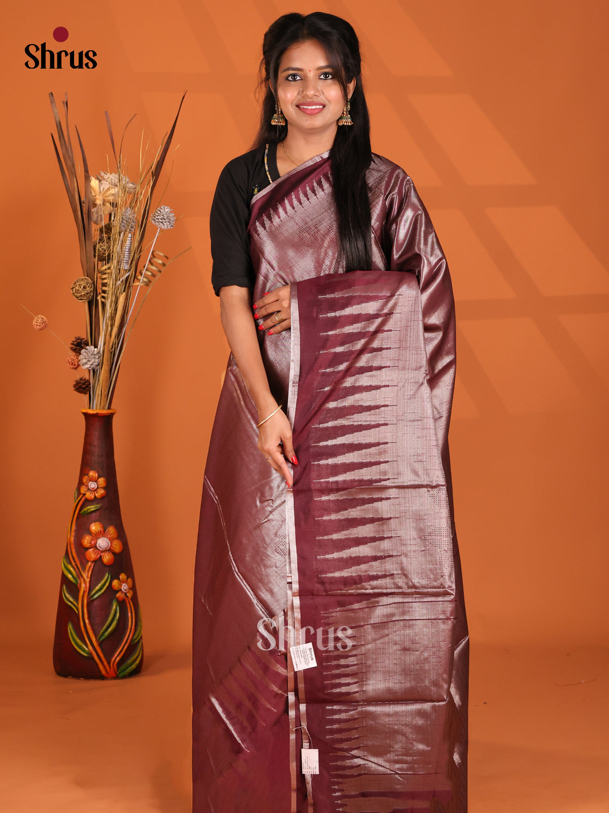 Maroon- Semi Jute Saree - Shop on Shrus.com