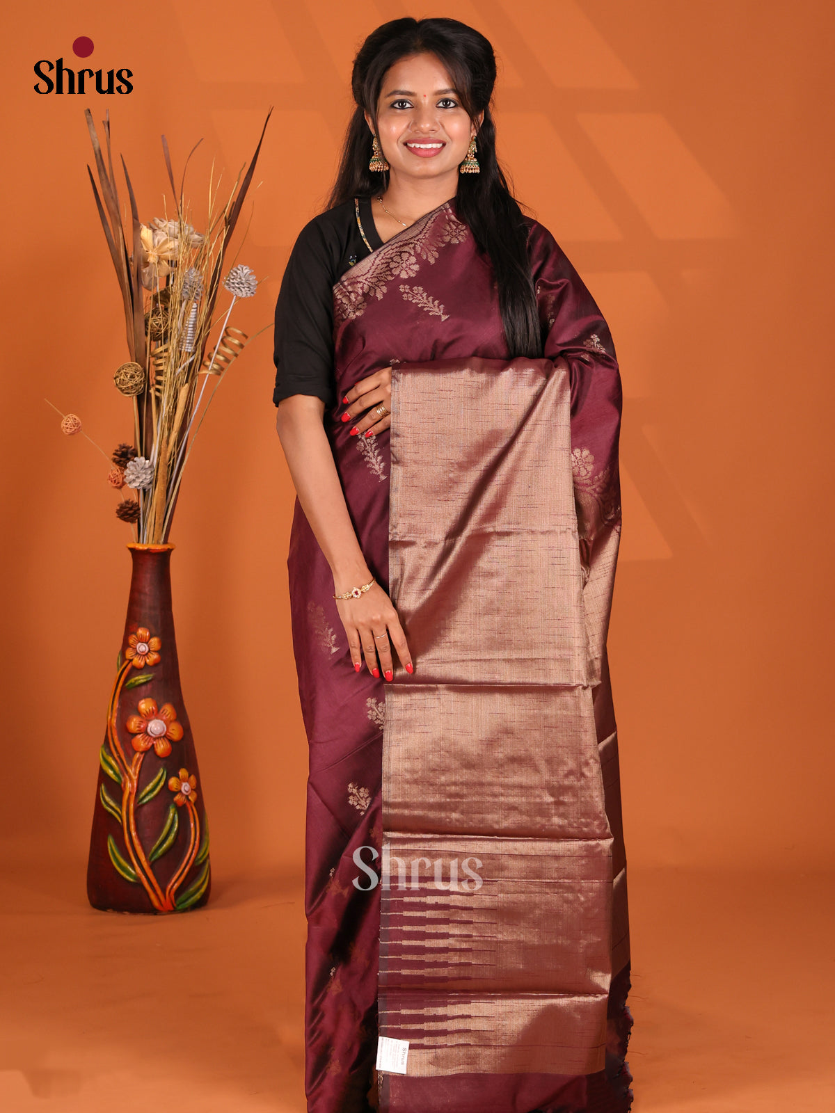 Maroon- Semi Jute Saree - Shop on Shrus.com