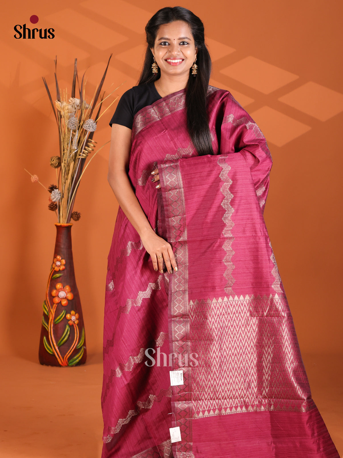 Maroon - Semi Rawsilk Saree - Shop on Shrus.com